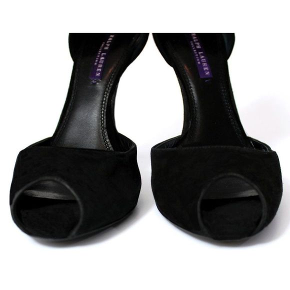 RALPH LAUREN PURPLE LABEL Suede Peep Toe Stilettos w/Silver Metal Chain - Picture 6 of 7